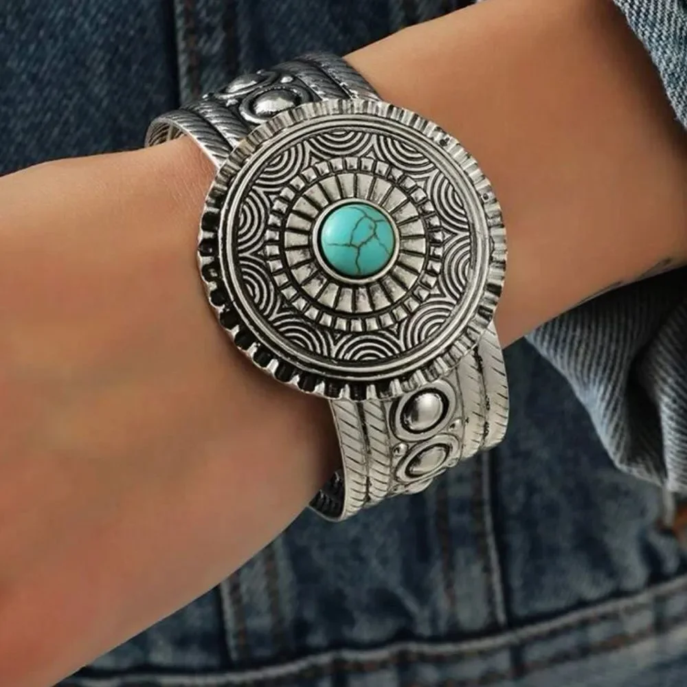 Beautiful intricate design silver cuff bracelet with turquoise stone center! New